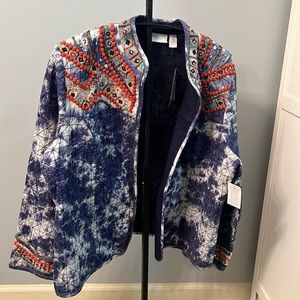 Chico's Blazer Chicos Size 3 Blue White Embordered Open Front Cardigan SZ 16/18